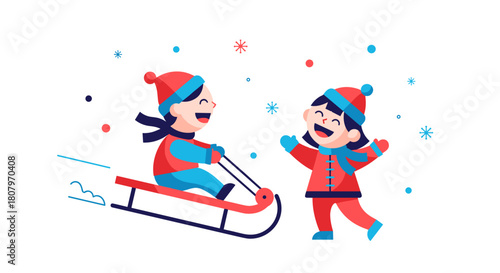 Children playing with a sled and enjoying winter snow during Christmas and New Year  
