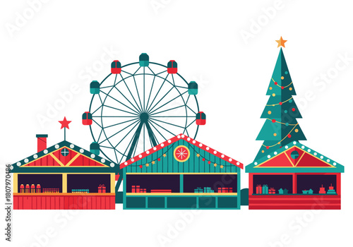 Christmas market stalls with ferris wheel and tree decorations  