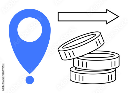 Blue pin marker, outlined coins, and rightward arrow visualizing concepts thumbs up payments, transactions, investments, revenue growth, economics, logistics, and digital commerce in a simple flat