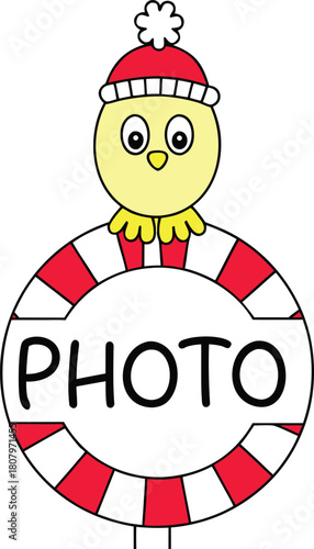 Playful cartoon chick with a red and white bobble hat sitting on a striped lifebuoy featuring the word 'PHOTO', a cute and whimsical graphic element.