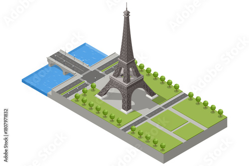 Isometric illustration of the Eiffel Tower from a different angle with bridge, river and green park zones, highlighting classic European architecture and historic Paris.
