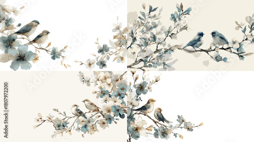 Elegant watercolor illustration of small birds perched on blooming branches with soft floral accents. Ideal for nature themes botanical decor spring design and elegant backgrounds.