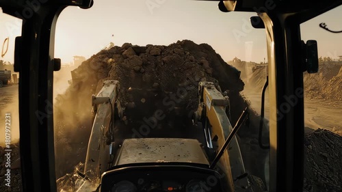 Heavy machinery operating at construction site during sunset.