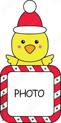 Cute Chick Wearing Santa Hat Holding Christmas Photo Frame