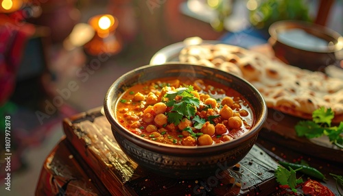 Fototapeta Naklejka Na Ścianę i Meble -  Close Up View of Indian Cuisine Chickpea Curry in a Bowl with Coriander and Flatbread on a Wooden Table