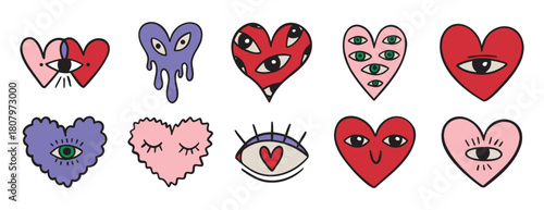 funny groovy heart character with eyes. Colorful cartoon creative trendy illustration doodle hand drawn icon hearts with eyes set.