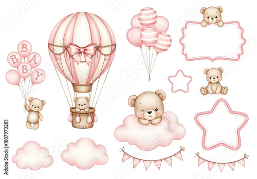 Watercolor Teddy Bear Baby Shower Graphic Set with Hot Air Balloon