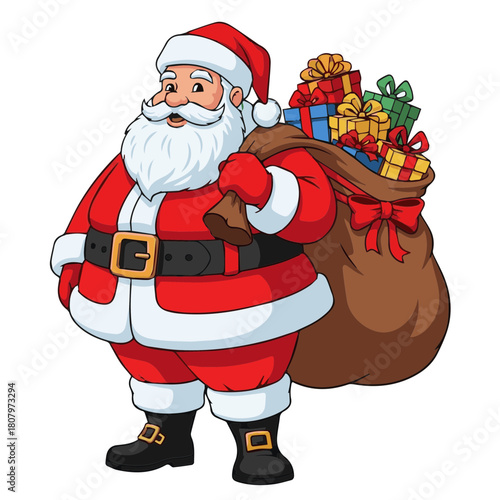 Full body vector illustration of a jolly, robust Santa Claus character carrying a large, heavy sack overflowing with Christmas presents and toys.