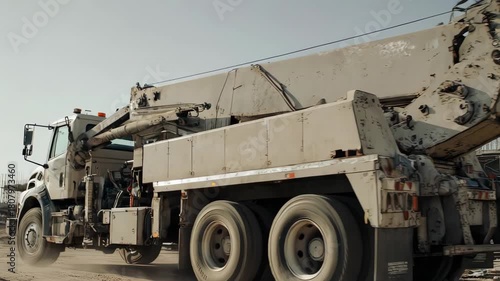Mobile crane operating at a construction site with building materials.