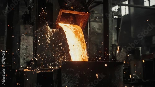Molten Metal Pouring in Industrial Foundry with Sparks Flying.