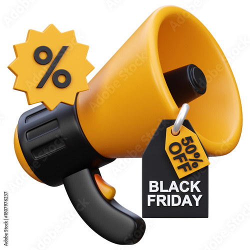 Dynamic 3D illustration of a yellow and black megaphone, prominently displaying 'Black Friday' and '50% Off' tags, symbolizing massive promotional events and discount announcements