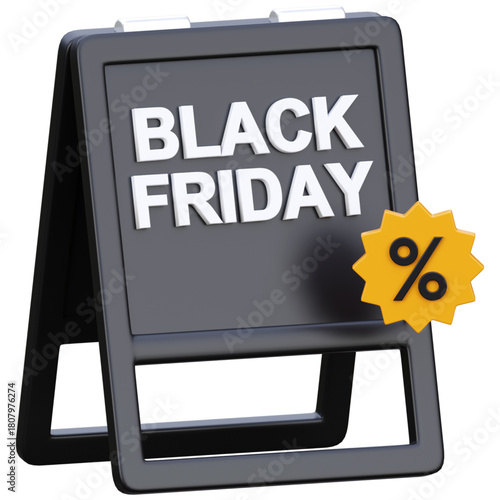 Dynamic 3D illustration of a Black Friday sale sign, featuring a striking percentage discount icon for promotional marketing campaigns and exclusive shopping events