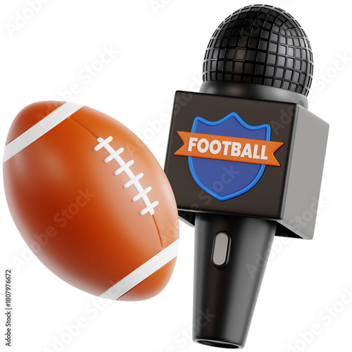 Football News Broadcast 3D Render of Microphone and American Football, Sport Illustration
