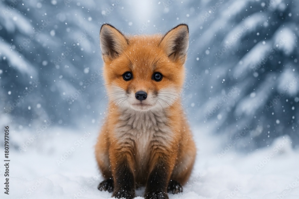 Fototapeta premium Adorable fox cub in snow