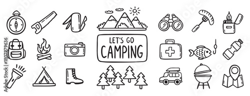 camping equipment doodle hand drawn icon set. Outline drawing camping tourism line clipart symbol collection. Local travel adventure 