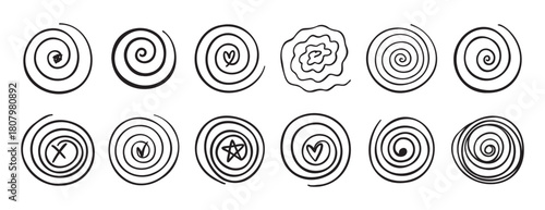 Doodle spiral swirl motion element set. abstract hand drawn round spiral line. spiral with a symbol inside