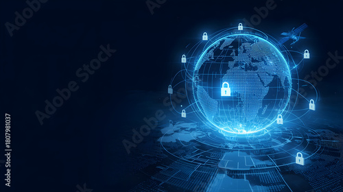 Illuminated blue globe network with lock icons on world map against dark blue background
