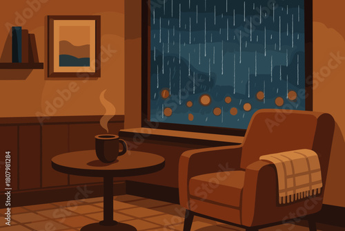 Cozy rainy night scene illustration with armchair and coffee, perfect for relaxation and comfort concepts, invoking feelings of calm and escape