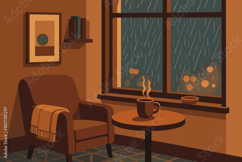 Cozy rainy day scene with steaming coffee, inviting armchair, books, and artwork, ideal for relaxation, comfort, and peaceful moments at home