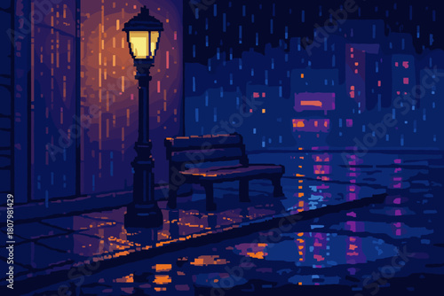 Pixel art cityscape glows under a vibrant street lamp, reflecting on rain slicked pavement with an inviting empty bench, perfect for a cozy, nostalgic feel
