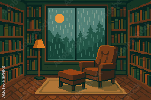 Cozy armchair in pixelated library on rainy night, perfect for relaxation, gaming, or a nostalgic project, ideal for calm and introspective themes