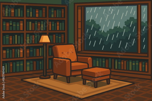 Cozy reading nook with rainy day view, envision peaceful relaxation, perfect for study retreats, literary events, and quiet contemplation in autumn