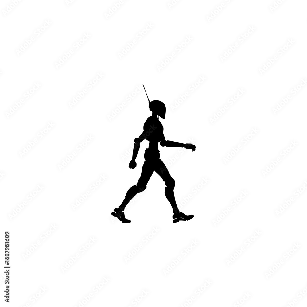 Obraz premium A silhouette of a humanoid robot walking with an antenna on its head against a white background space