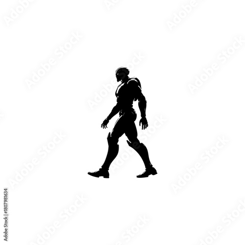 A silhouette of a futuristic robot walking in a white background with a clear outline of its body