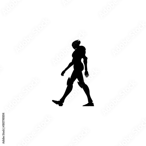 Silhouette of a futuristic armored figure walking in a white background with a determined posture