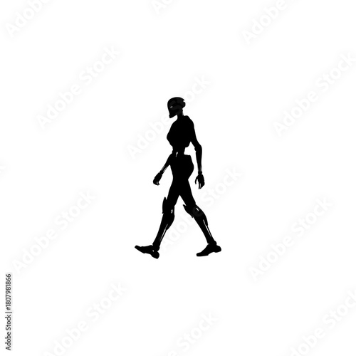 A silhouette of a humanoid robot walking on a white background in a full body side view illustration