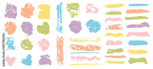 Bright colors abstract set of stipple dots pattern textured round shapes and brush strokes. Vector yellow, green, blue. coral paintbrush silhouette elements with grain texture for graphic design