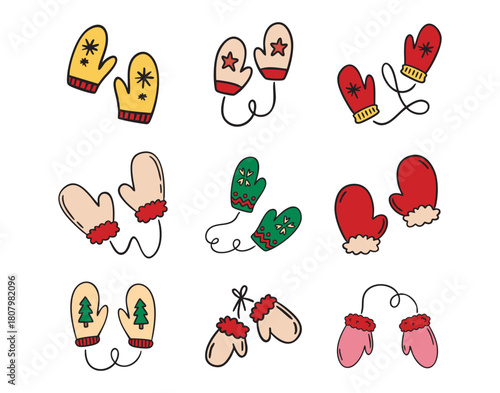 Winter mittens clipart set with pairs on string, knitted patterns, stars and trees, cozy collection, hand drawn.