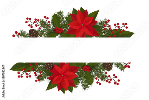 Festive frame with spruce branches, poinsettia, berries and leaves.