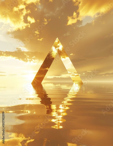 Golden Triangle Reflection on Water During Sunset with Dramatic Clouds and Sun Rays Over Ocean Landscape