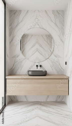 Modern Bathroom Vanity With Black Vessel Sink And Wood Cabinet Featuring Geometric Marble Wall Tiles And A Round Mirror In Natural Light