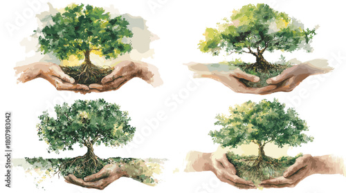 Watercolor illustration of hands holding a growing tree symbolizing nature care sustainability and environmental protection. Green eco themed artwork perfect for conservation projects and education.