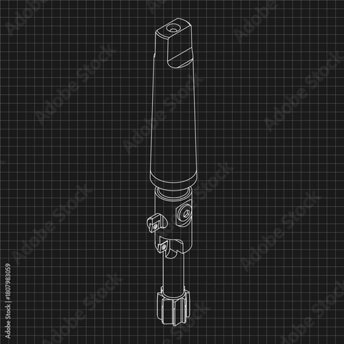 Mechanical engineering drawings. Tap tools, borer. Technical Design. Cover. Blueprint. Step Cutting Tool with Countersinking Function. Technical 3D Vector Illustration