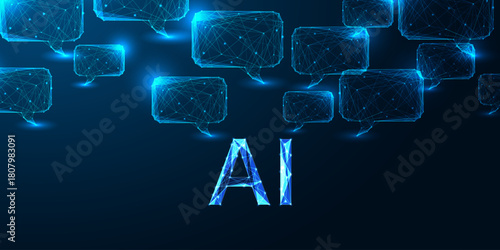 AI communication, artificial intelligence concept with glowing letters and futuristic chat bubbles