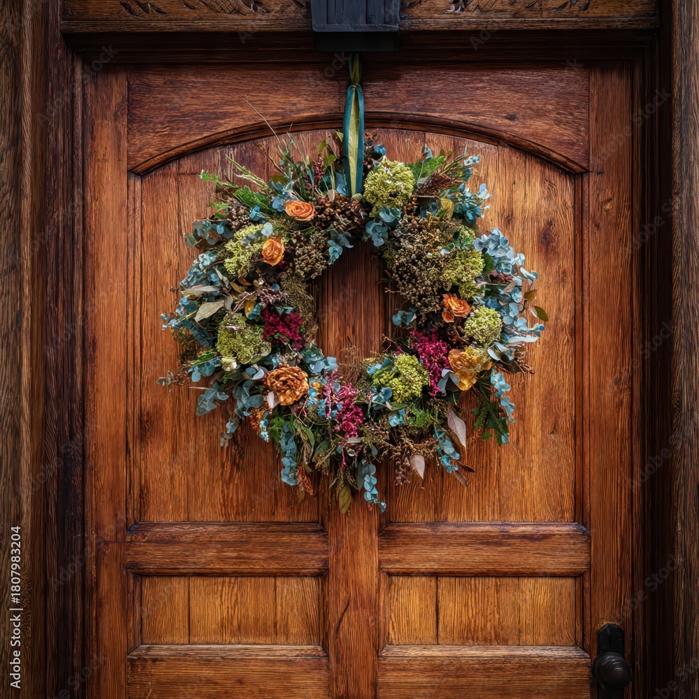 Naklejka premium Floral wreath hanging on a wooden door with an arched top and dark metal hardware in a close up view