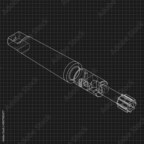 Mechanical engineering drawings. Tap tools, borer. Technical Design. Cover. Blueprint. Step Cutting Tool with Countersinking Function. Technical 3D Vector Illustration