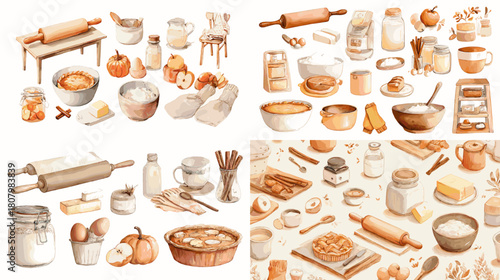 Watercolor baking illustration set featuring flour bowls eggs rolling pins butter jars spices and kitchen tools. Warm cooking themed elements perfect for recipe design and food projects.