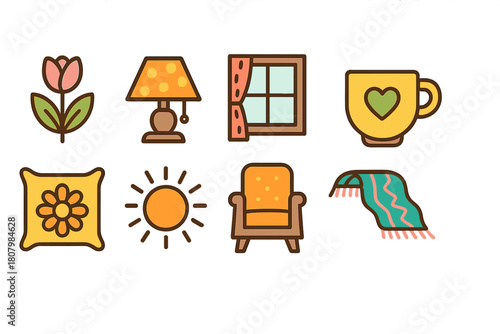 Home decor flat icon set: cozy, relaxed living spaces with simplistic designs