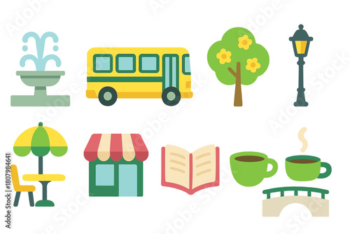 Urban lifestyle icon set. Flat city life icons for modern urban environments.