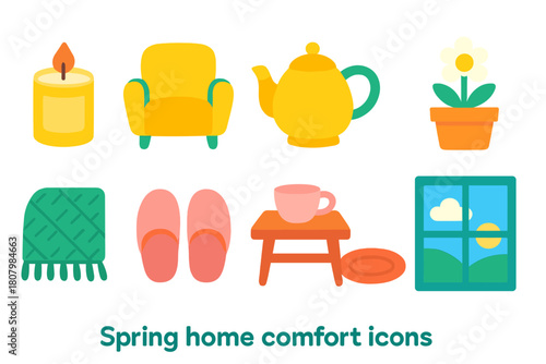 Home comfort icon set in solid style. Cozy, spring-themed household icons collection.