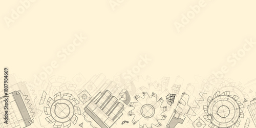 Mechanical engineering drawings on sepia background. Cutting tools, milling cutter. Technical Design. Cover. Blueprint. Horizontal seamless pattern. Vector illustration.