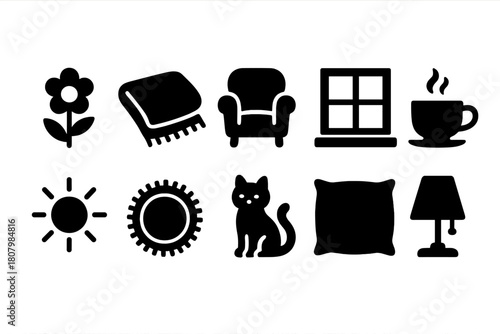 Cozy living solid icon set. Comfort, home, decoration icons filled collection