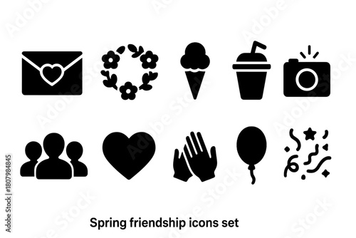 Friendship, spring solid icon set: celebrate friendship with spring event symbols