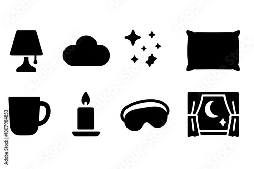 Sleep and relaxation solid icon set: nighttime, bedroom, rest, comfort icons solid collection