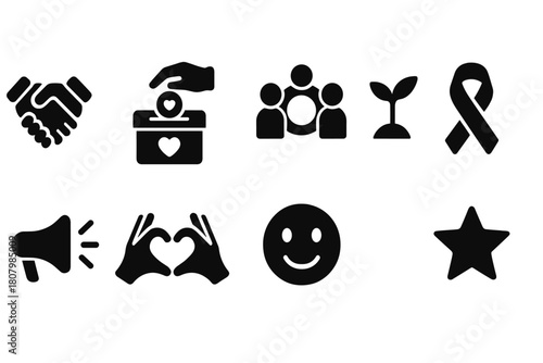 Nonprofit, charity solid icon set. Community, donation, support icons solid style collection