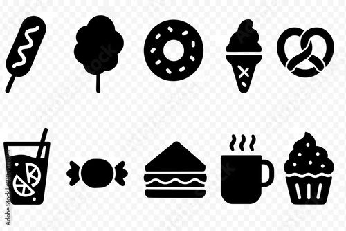 Food and drink solid icon set. Snacks, desserts, and beverages in solid style